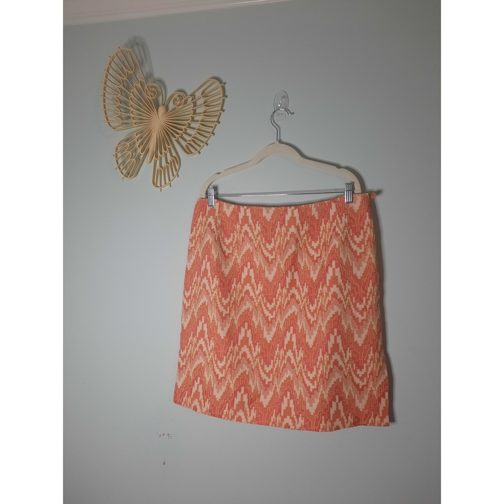 Talbots Orange Ikat Chevron Pencil Skirt Size 16 Cotton Linen Blend Made in USA